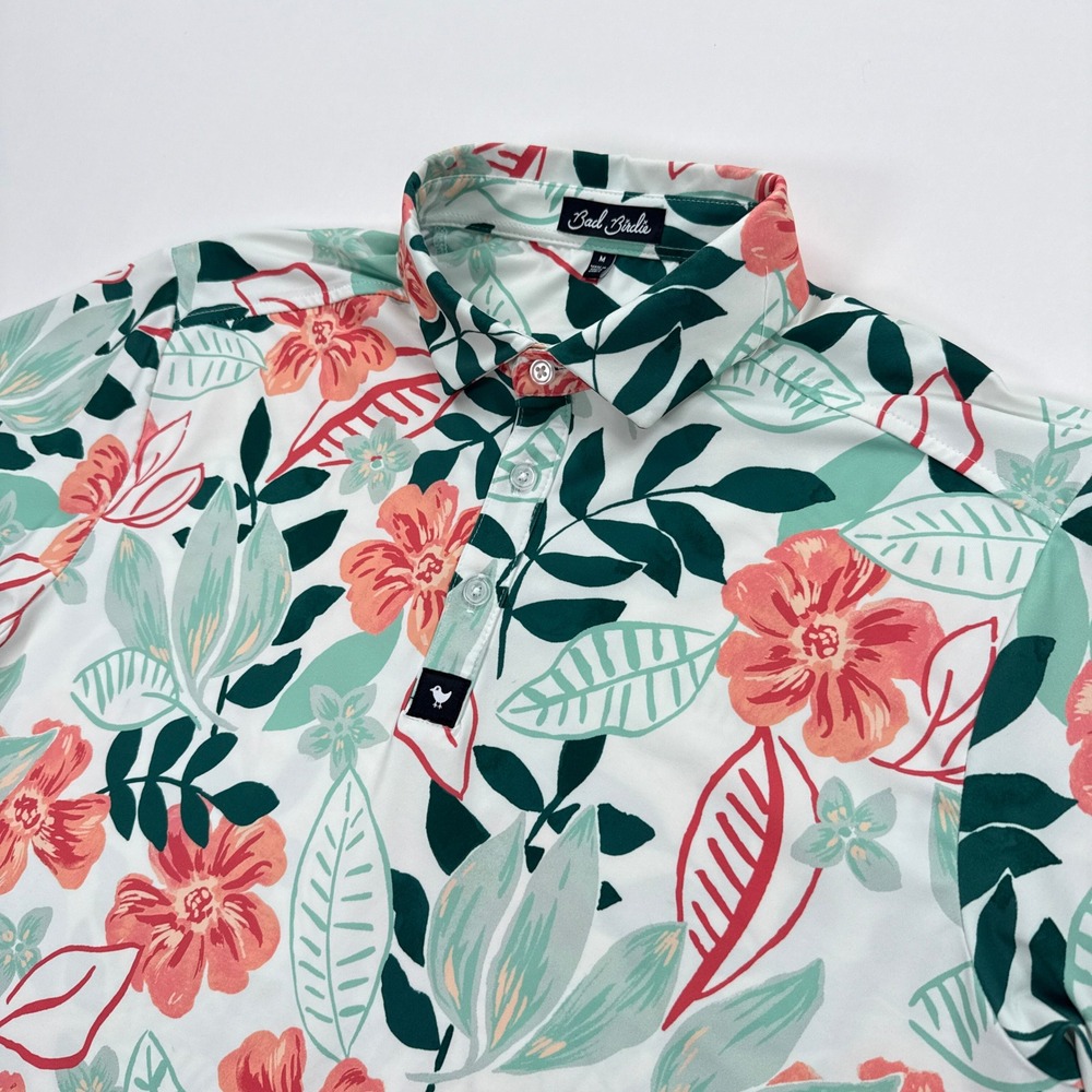 Bad Birdie Mens Polo Shirt M White Floral Tropical Performance Golf Short Sleeve